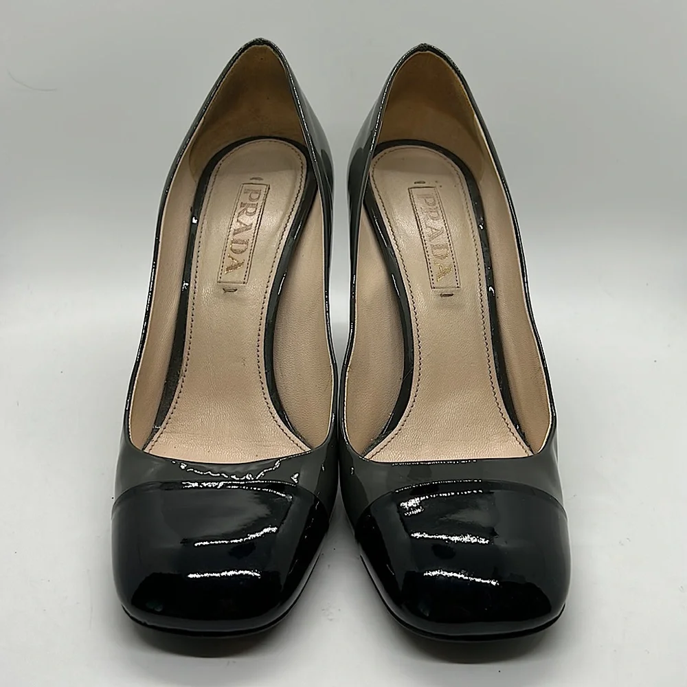 Prada Authenticated Black/Dark Gray Leather High Heels Shoes *Sz 37.5/US Sz 7.5* - Picture 2 of 11